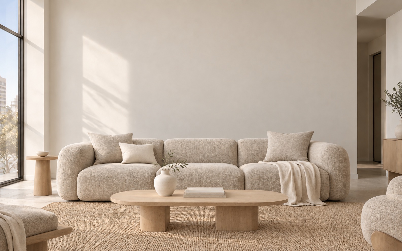 Quiet Form version of the same living room with natural materials and restrained styling