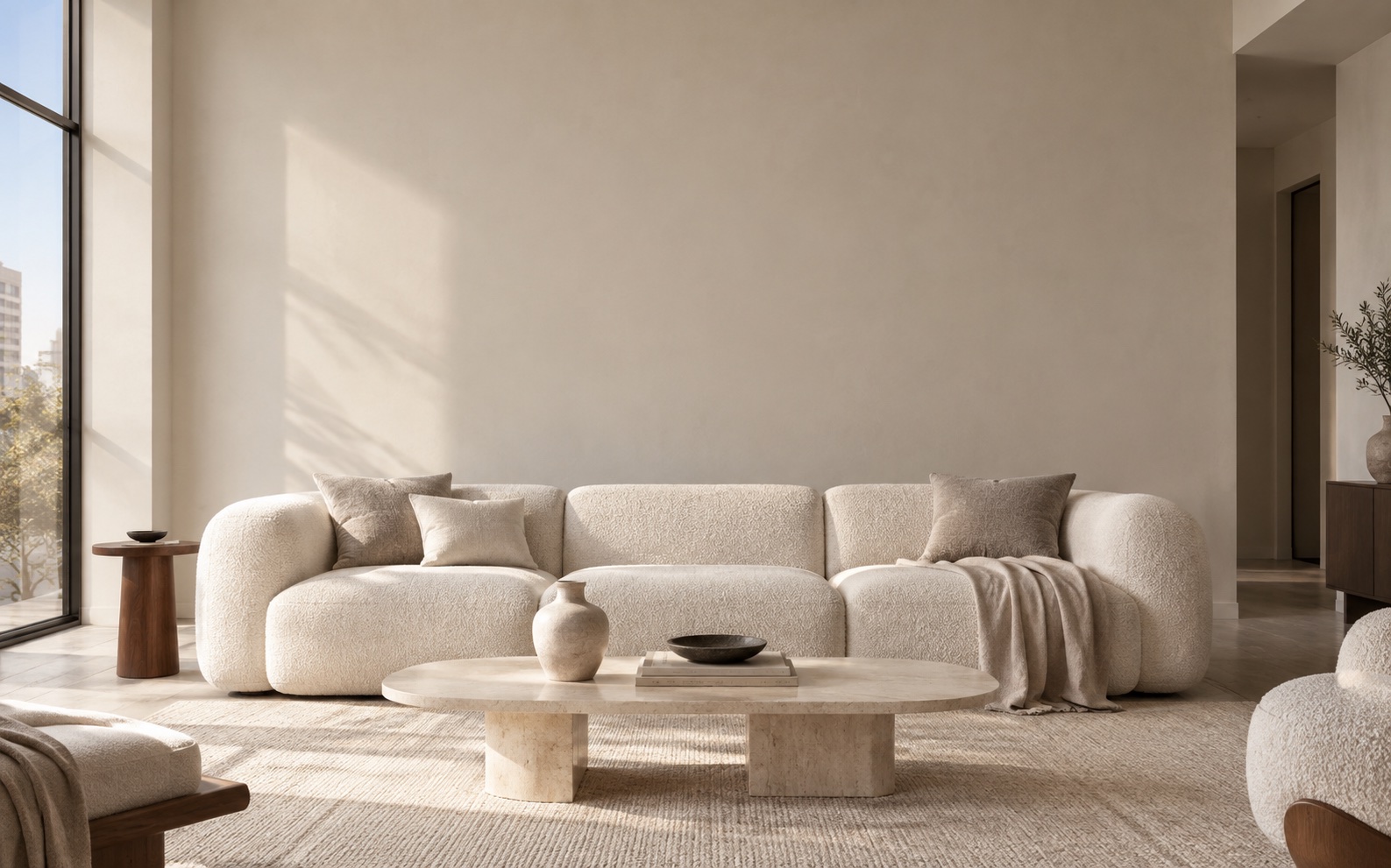 Warm soft-modern living room with three curated artworks above a cream sofa